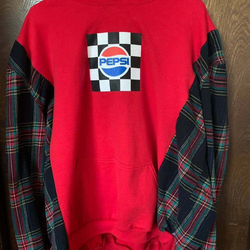 Upcycled one of a kind hoodie sweatshirt with flannel shirt